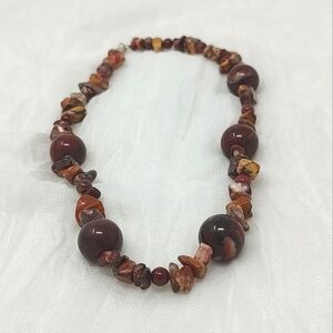 Natural handmade semi-precious stone bead necklace in red-brown tones